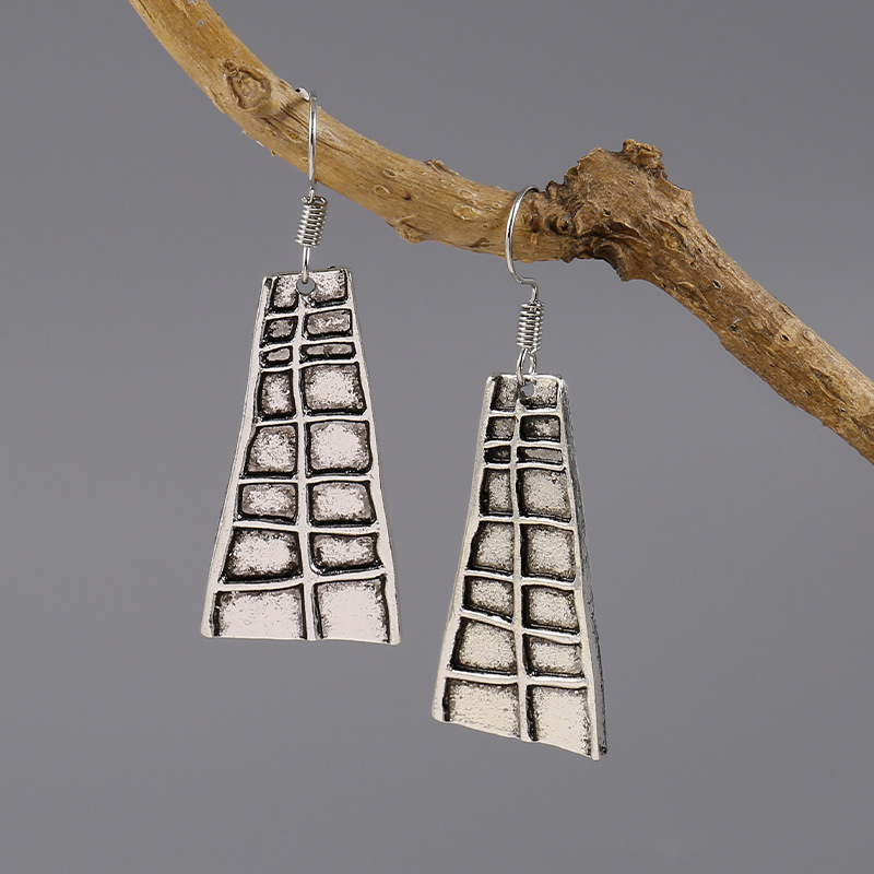 Vintage Distressed Trapezoid Plaid Pendant Earrings