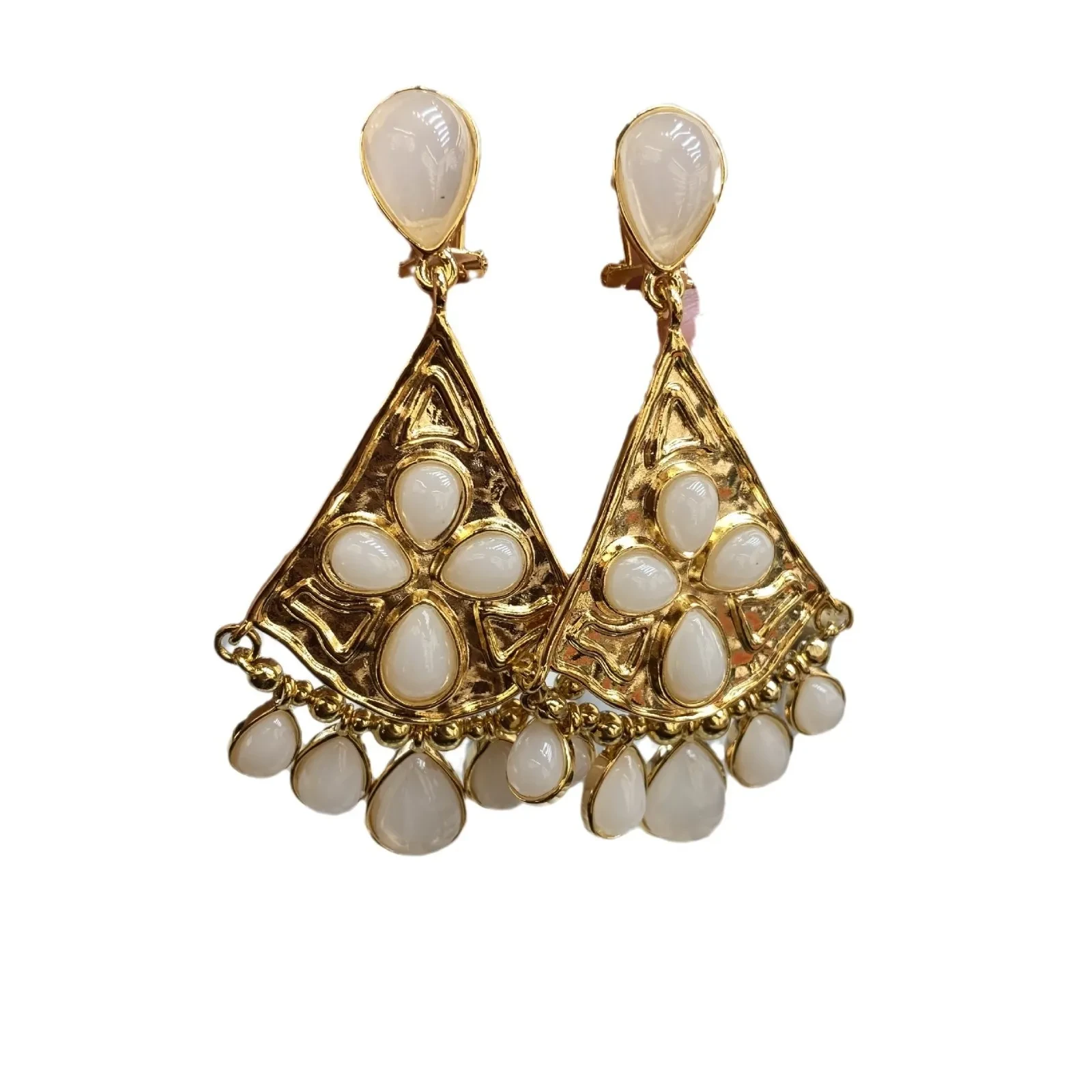 Fan-shaped White Jade Tassel Earrings Water Drop Long Ear Studs