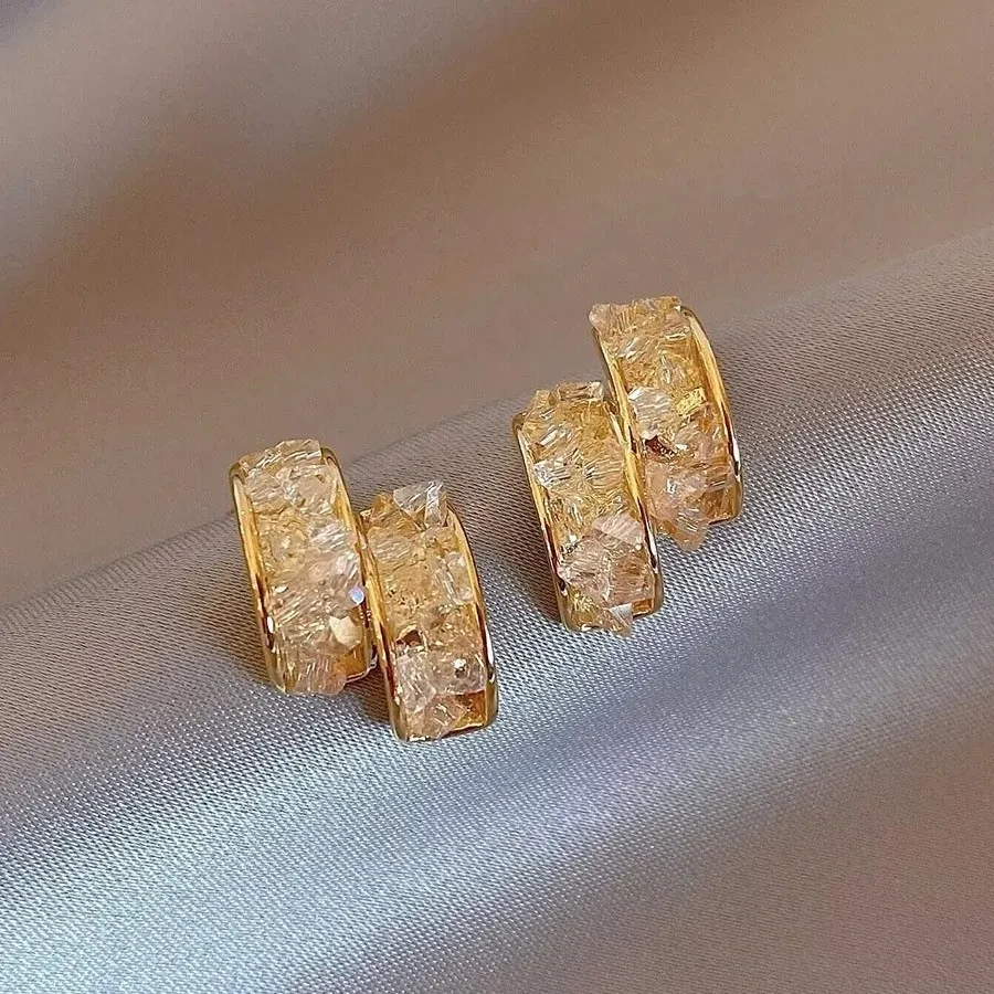 Sterling Silver Needle Glass Crystal Handmade C- Shaped Semi-curved Temperamental Minority Earrings