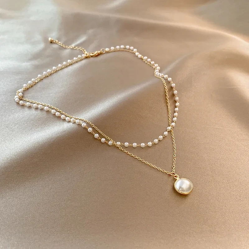 Summer Double-layer Pearls Necklace INS Fashion Clavicle Chain Necklace Jewelry For Beach