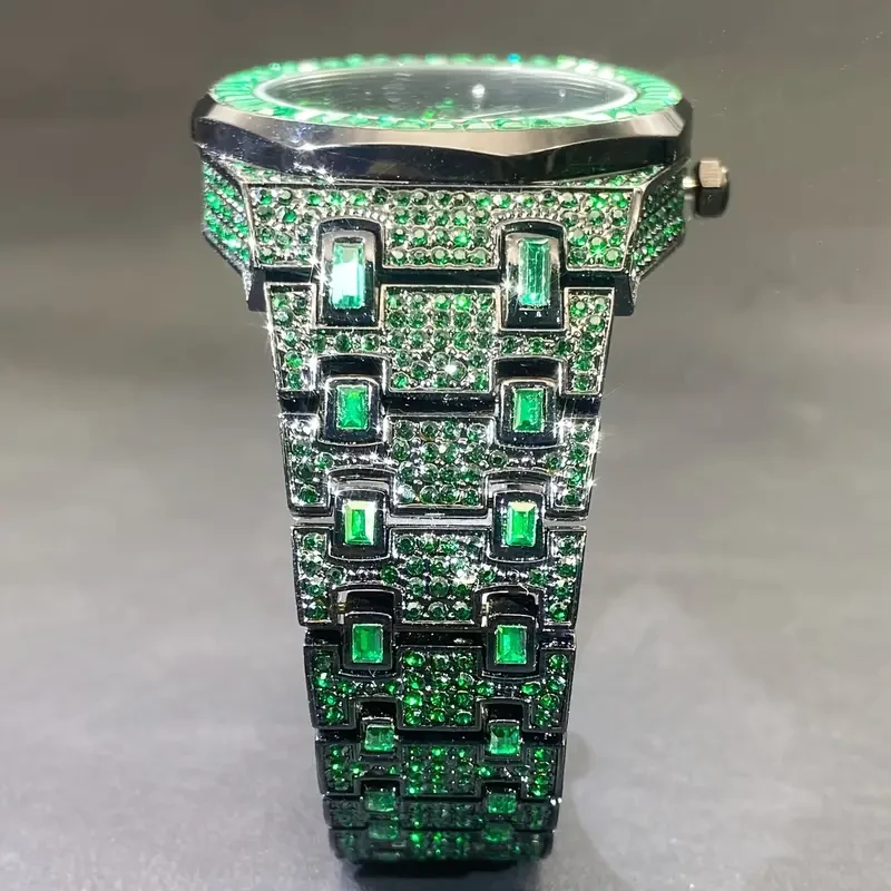Unique Men's Square Watch - Vibrant Green Rhinestone Accents, Edgy Hip Hop Inspired Design