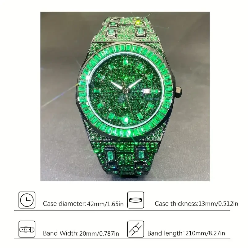 Unique Men's Square Watch - Vibrant Green Rhinestone Accents, Edgy Hip Hop Inspired Design