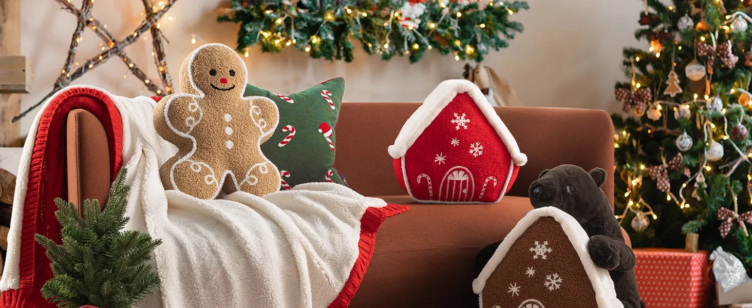 Gingerbread Man Merry Christmas Throw Pillow, Plush Teddy Xmas Gingerbread Shaped Pillows Christmas Decorative Pillow For Couch Living Room Bed, Beige,13 X 17 Inches