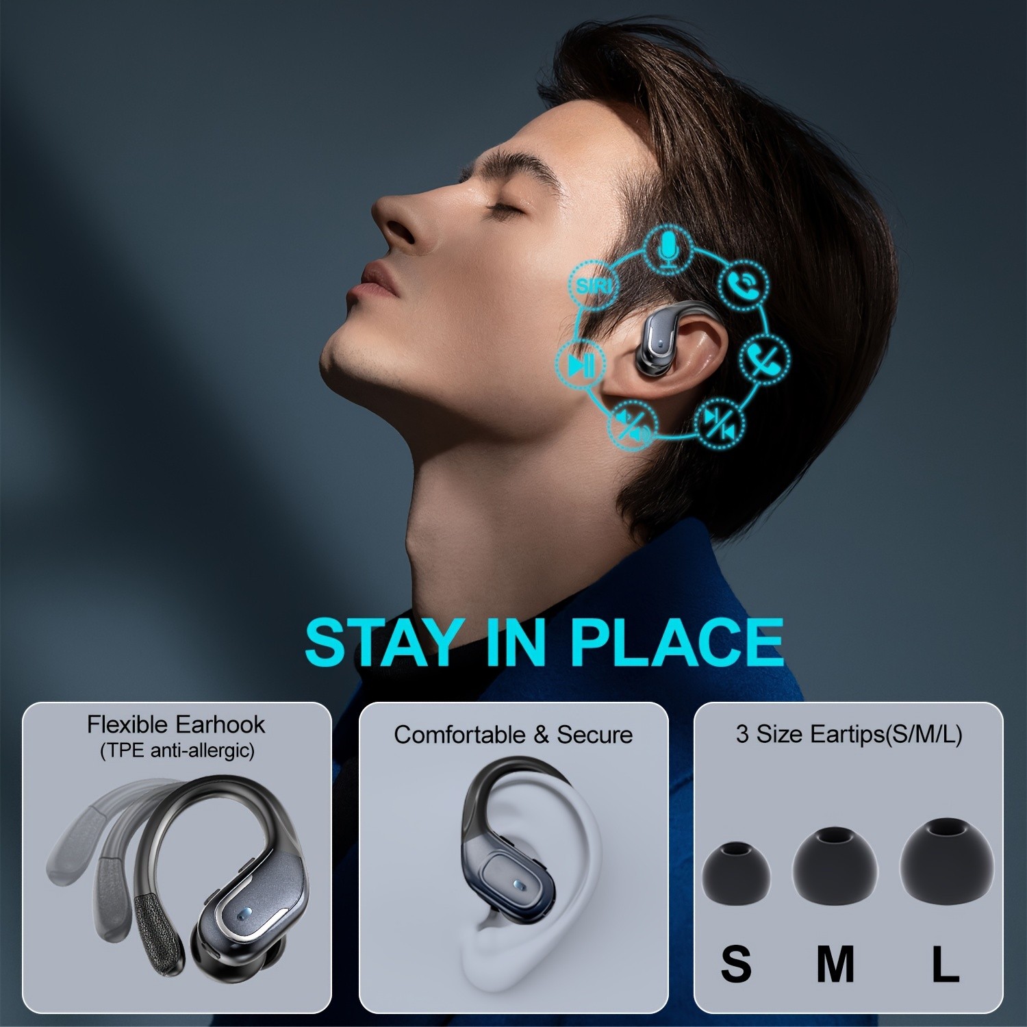 Wireless Headphones, Earbuds Wireless Running with ENC Noise Cancelling Mic, Bluetooth 5.3 Earphones, 3D Deep Bass Over-Ear Sports Earbuds with Earhooks for iOS/Android