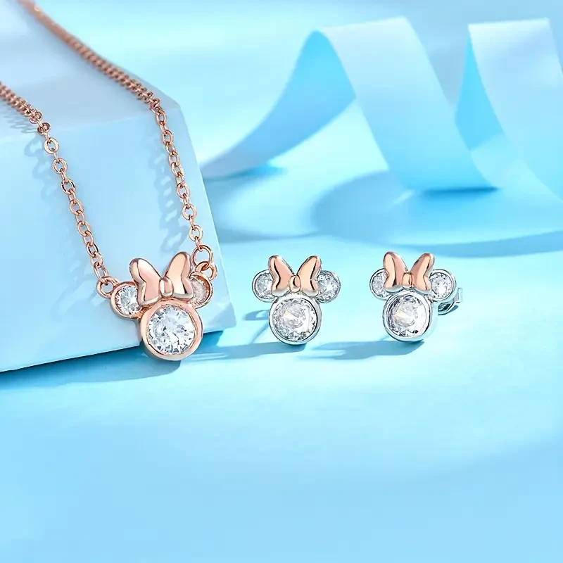 Mickey Mouse Earnail Necklace Women's Summer Luxury Rose Golden Two Piece Jewelry Set