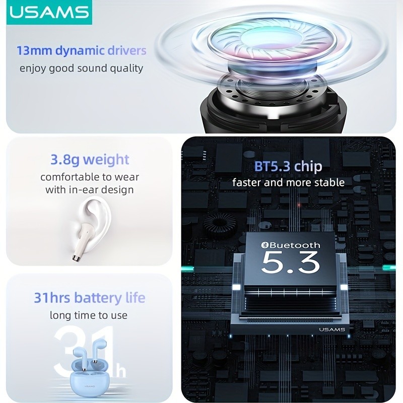 USAMS TureTWS Wireless Earphones  BT 5.3, Ultra Mini Size, Sports In-Ear Earbuds, Bass ACC 3D Surround Sound, Model USAMS-YO17