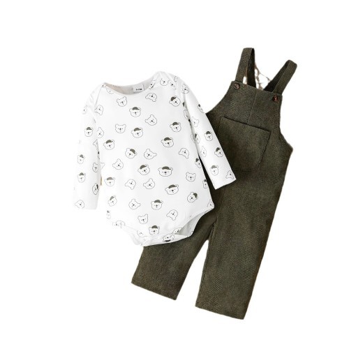 Bear Printed Long Sleeve Round Neck Romper Corduroy Suspender Trousers Suit