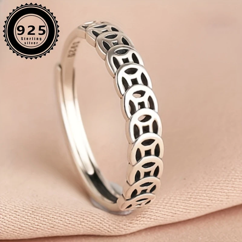 S925 Sterling Silver Retro Coin Ring for Women  Lucky Money Coin Design, Simple Niche, Open Luck Ring, Classic Style for Daily & Gift-Giving Occasions
