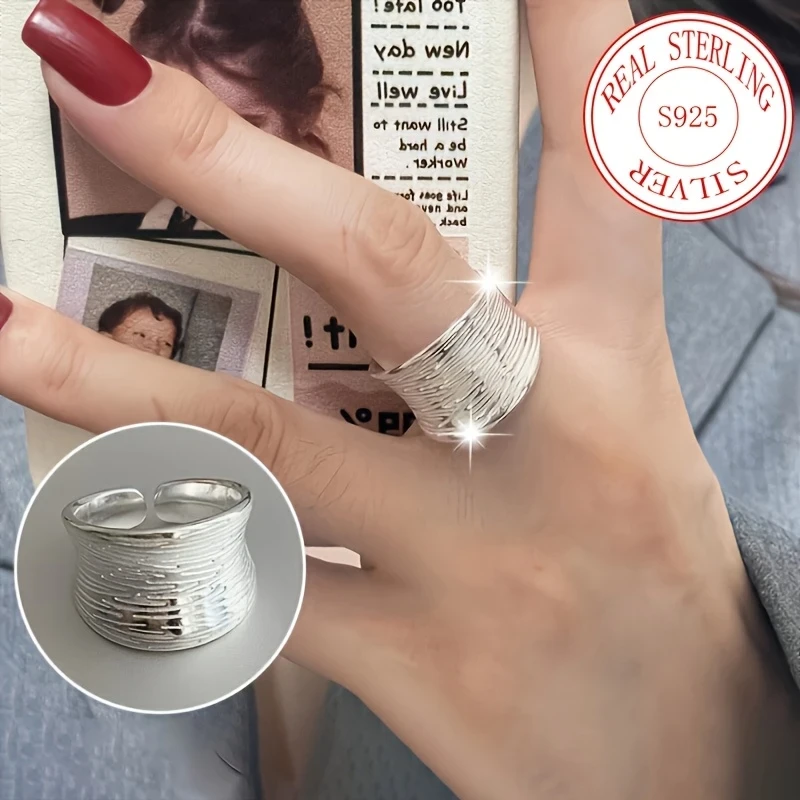 Women's 925 Sterling Silver Water Ripples Ring - Elegant Opening Adjustable Size, Glitter Design for Mother's Day, Spring & Summer Gifts, and Special Occasions