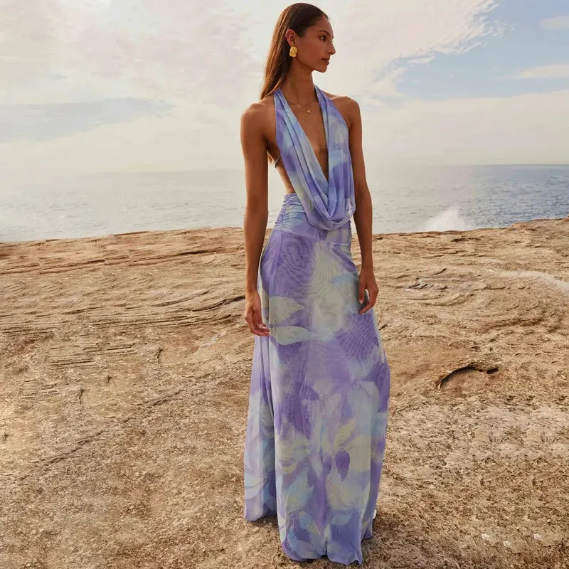 2pcs Tie Dye Printing Deep V-neck Suits Fashion Halter Backless Long Dresses For Beach Party