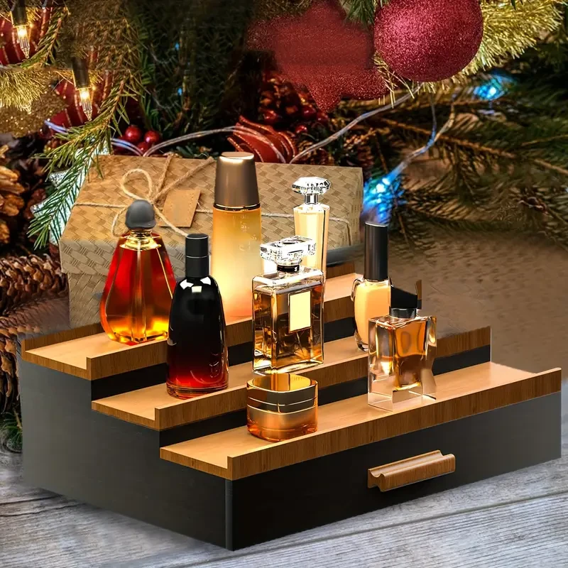 3-Tier Black Walnut Wooden Cologne Organizer with Drawer