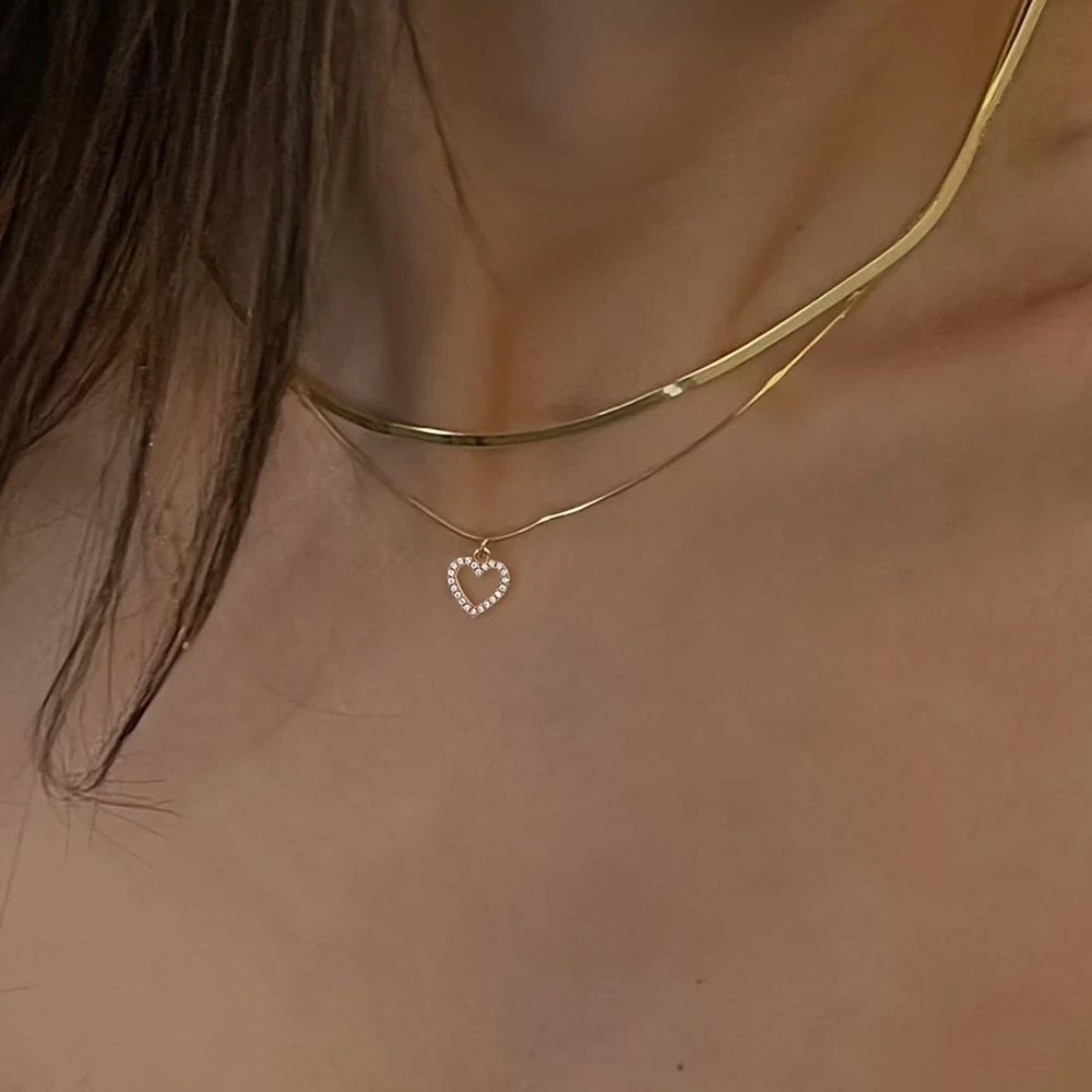 Nooxian 2-Piece Set  Elegant Luxurious Heart Pendant Necklace, 18K Golden Plated, Synthetic Cubic Zirconia, 304 Stainless Steel, Perfect for Valentine's Day