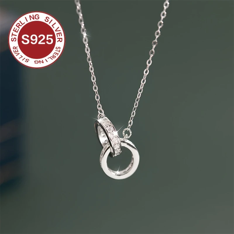 925 Low Allergy Double Ring Necklace Light Luxury Interlocking Collarbone Chain, Daily Wear Accessory, Suitable for Valentine's Day, Mother's Day, and Exquisite Couple Gifts