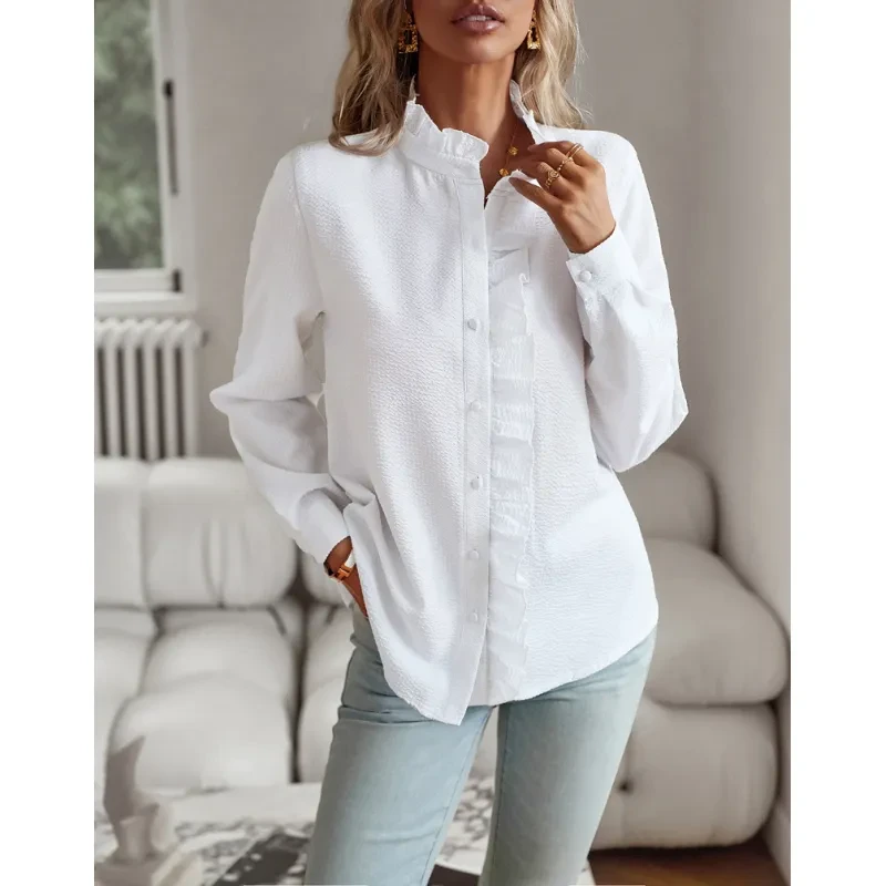 Striped Long Sleeve Shirt Fashion Ruffle Design Button Up Tops Casual Office Blouse Elegant Commuting