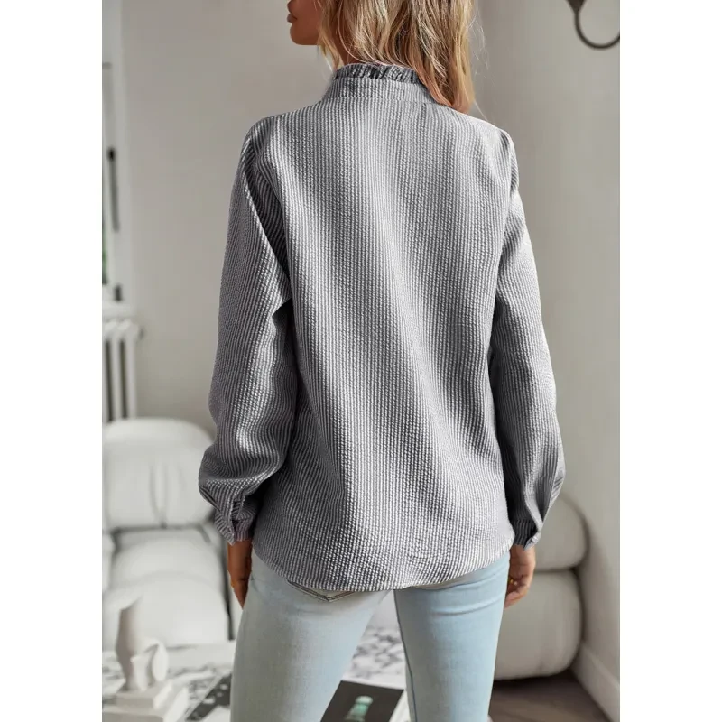 Striped Long Sleeve Shirt Fashion Ruffle Design Button Up Tops Casual Office Blouse Elegant Commuting