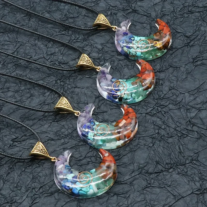 Colorful Gravel Resin Moon Pendant Necklace