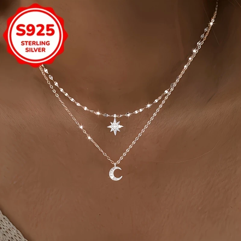 Stylish S925 Pure Silvery Double Layer Necklace  Star and Moon Pendant with Hypoallergenic Synthetic Zirconia, Perfect for Daily Wear and Gift Giving