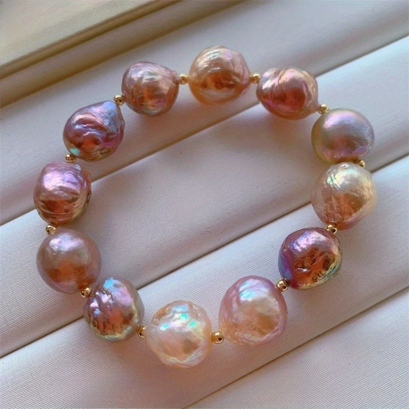 Natural Freshwater Edison Pearls Bracelet Hand-Selected Iridescent Candy-Colored 9-12mm Round Freshwater Pearls with Golden-Tone Spacers, Luxury Jewelry for Casual Attire & Gifts