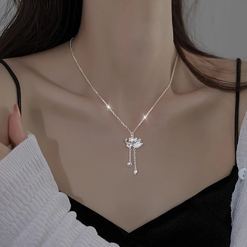 Vintage Elegant 925 Silver Lotus Pendant Necklace  18K Golden Plated, Luxury Wedding Jewelry Gift for Women, Girlfriend, Birthday, and Holidays