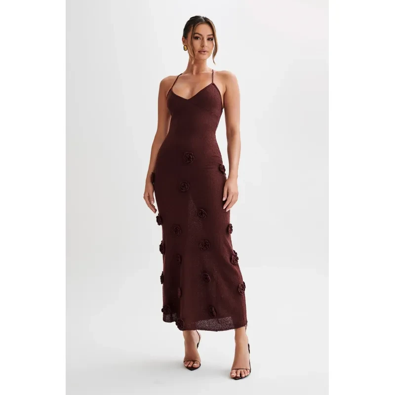 Women's Braces Skirt Three-dimensional Flower Knitted Backless Lace-up Dress