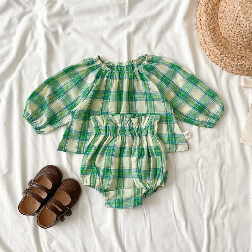 Spring And Autumn Baby Green Plaid Long Sleeve Shorts Suit