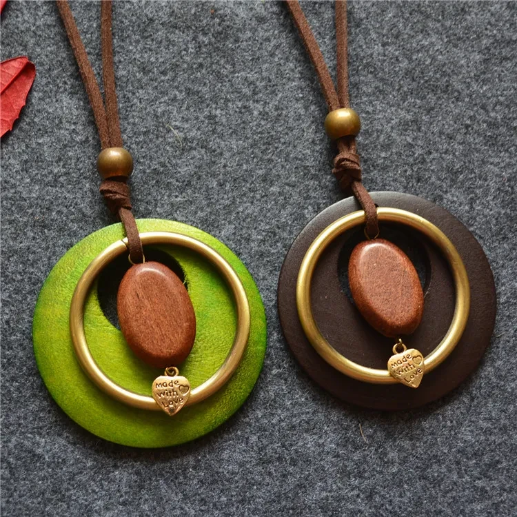 Wooden Ring Pendant Long Necklace Women's Dress