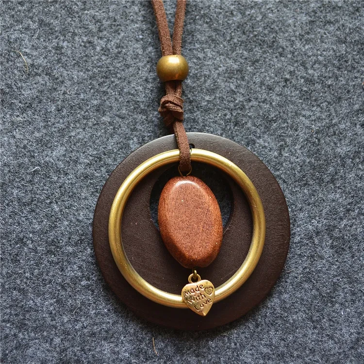 Wooden Ring Pendant Long Necklace Women's Dress