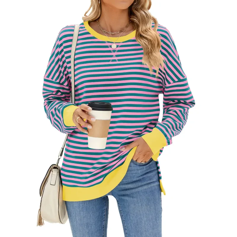 Mixed Color Striped Printed Split Design Long Sleeve T-Shirt Women's Clothing