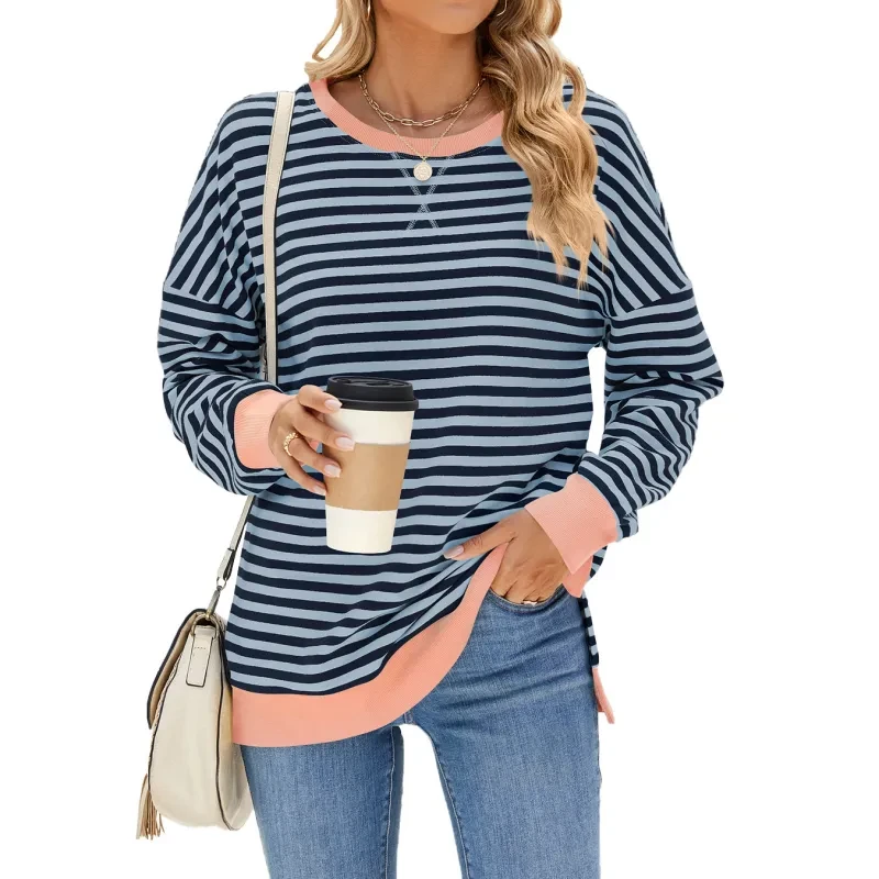 Mixed Color Striped Printed Split Design Long Sleeve T-Shirt Women's Clothing