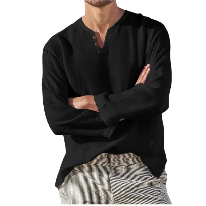 Cotton Linen Men's Long Sleeve V-neck Casual Beach Shirt