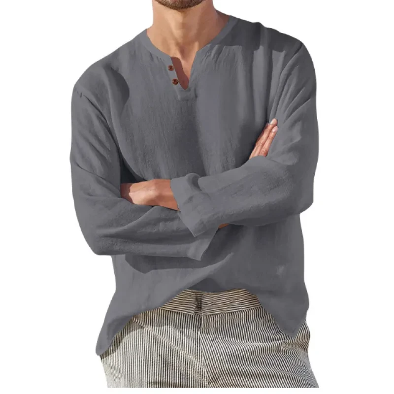 Cotton Linen Men's Long Sleeve V-neck Casual Beach Shirt