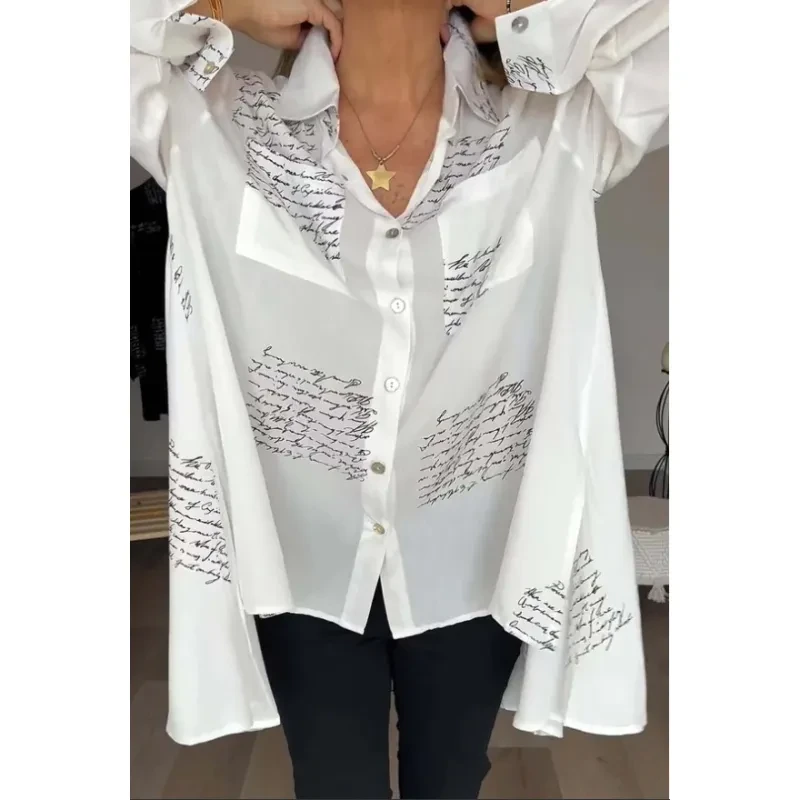 Letter Print Long Sleeve Shirt Fashion Commuter Style Lapel Shirt Women's Clothing