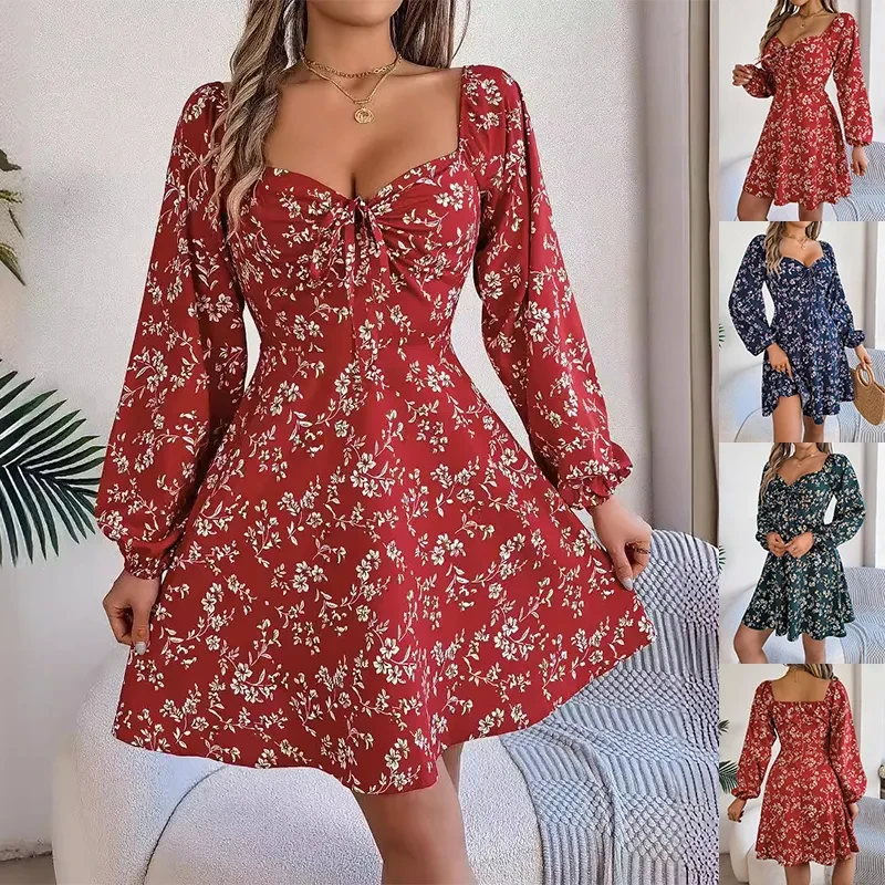 Fashion Floral Print Lantern Sleeve Dress Women's Clothing