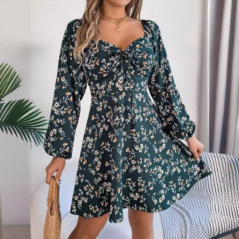 Fashion Floral Print Lantern Sleeve Dress Women's Clothing