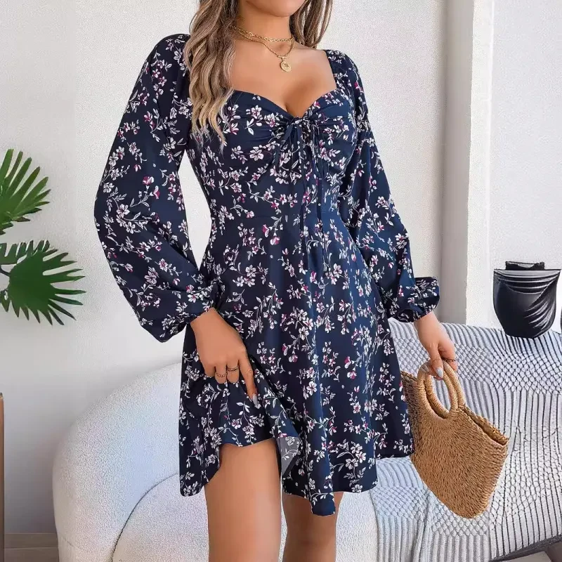 Fashion Floral Print Lantern Sleeve Dress Women's Clothing