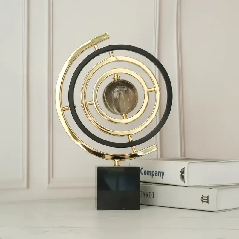 Modern Abstract Art Metal Globe Sculpture with Rectangular Base