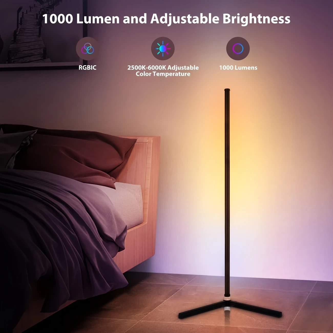 ONGLIN 165cm RGB LED Floor Lamp Dimmable Color Changing Mood Lighting with App/Remote Control, Music Sync & Adjustable Height, USB Powered, Black