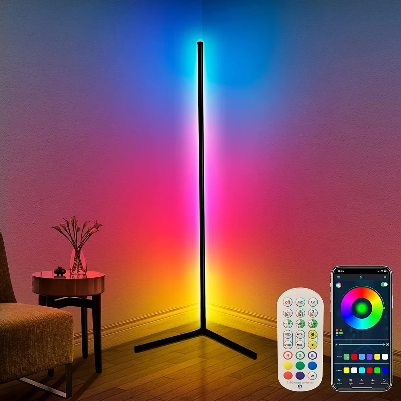ONGLIN 165cm RGB LED Floor Lamp Dimmable Color Changing Mood Lighting with App/Remote Control, Music Sync & Adjustable Height, USB Powered, Black