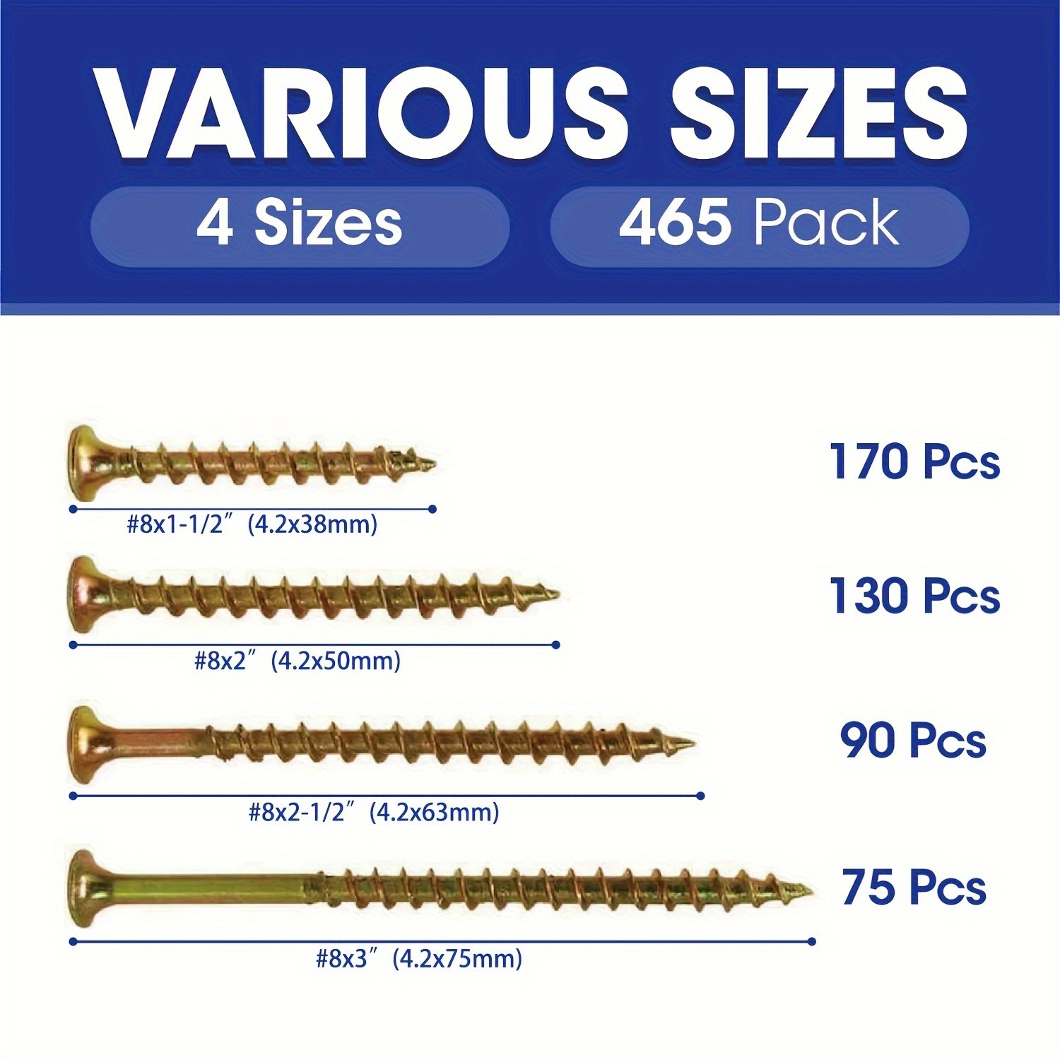 Wood Interior Construction Screw Coarse Thread Phillips Drive Bugle Head Yellow Zinc Drywall Screw Assortment Kit, 465 Pieces