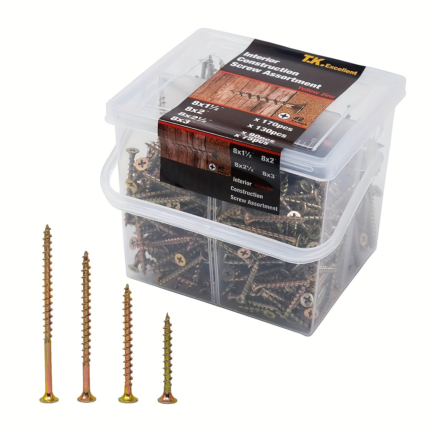 Wood Interior Construction Screw Coarse Thread Phillips Drive Bugle Head Yellow Zinc Drywall Screw Assortment Kit, 465 Pieces