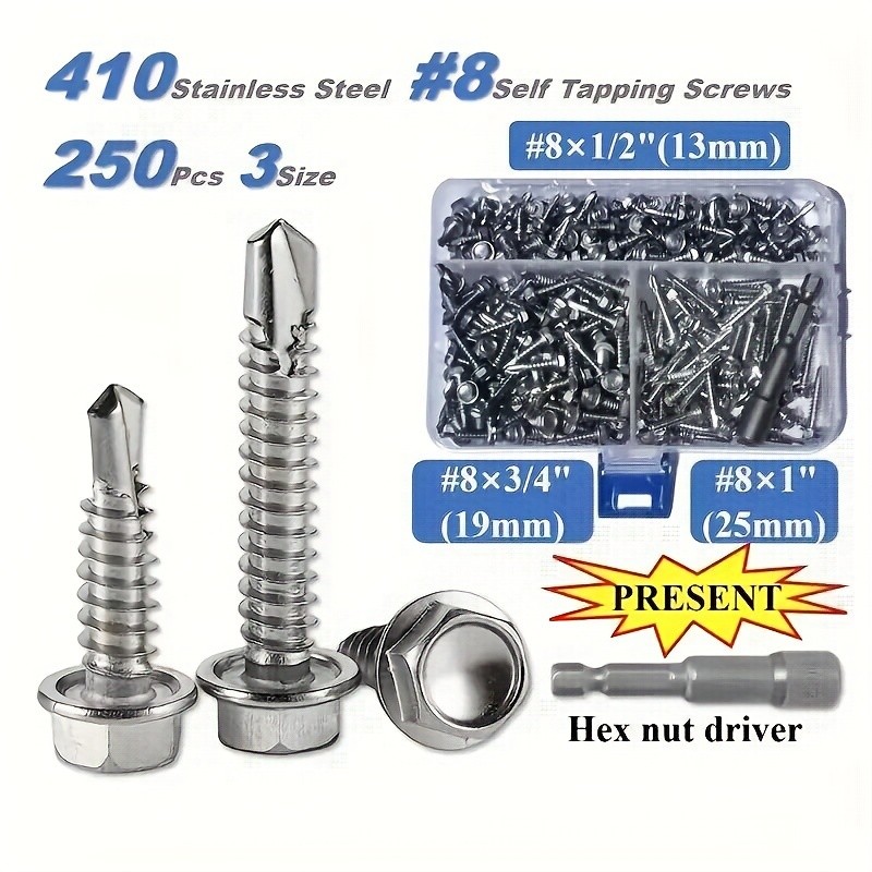 250pcs 410 Stainless Steel #8 Self-Tapping TEK Screws Assortment Kit  Hexagon Self-Drilling Screws for Metal, Furniture, Building & Repairing with Hex Washer Head, Includes Hex Nut Driver
