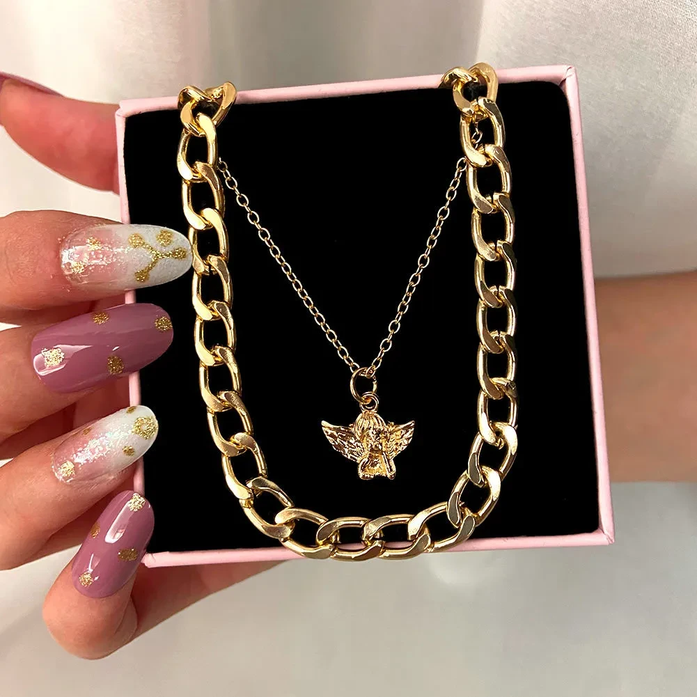 Women's Hip Hop Punk Angel Pendant Double Layer Necklace