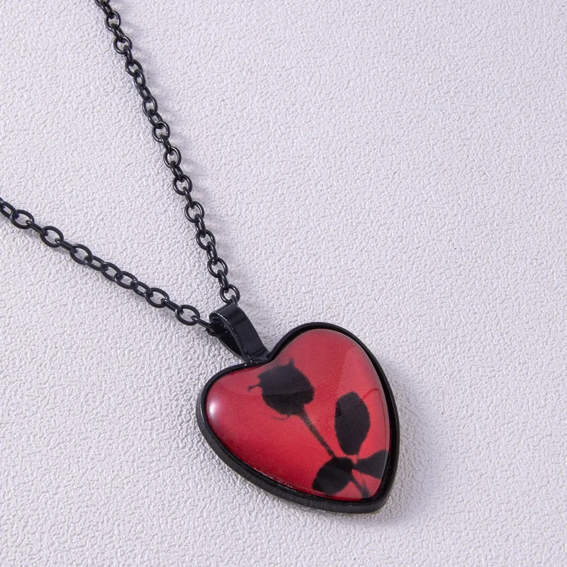 Vintage Black Rose Pattern Glass Necklace