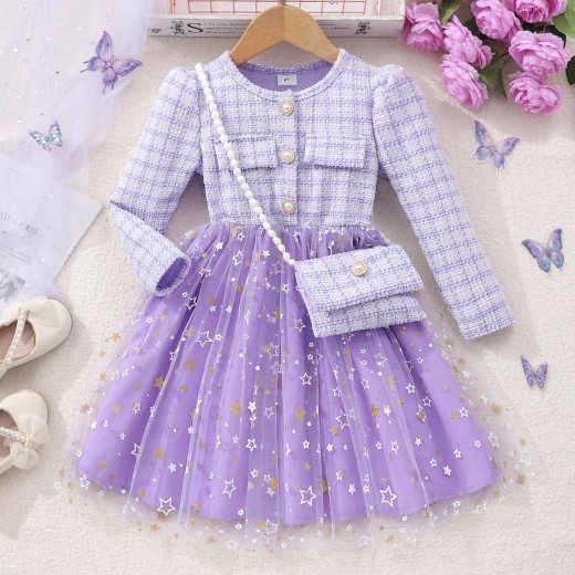 Girls' Long Sleeve Lady Star Mesh Dress