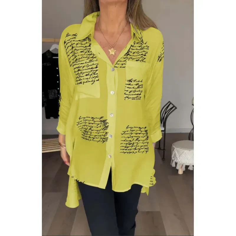 Letter Print Long Sleeve Shirt Fashion Commuter Style Lapel Shirt Women's Clothing