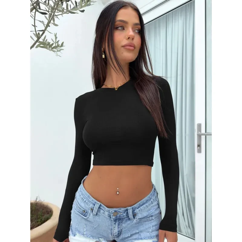 Slim Long Sleeve T-shirt Y2K Fashion Bottoming Short Top Womens Clothing