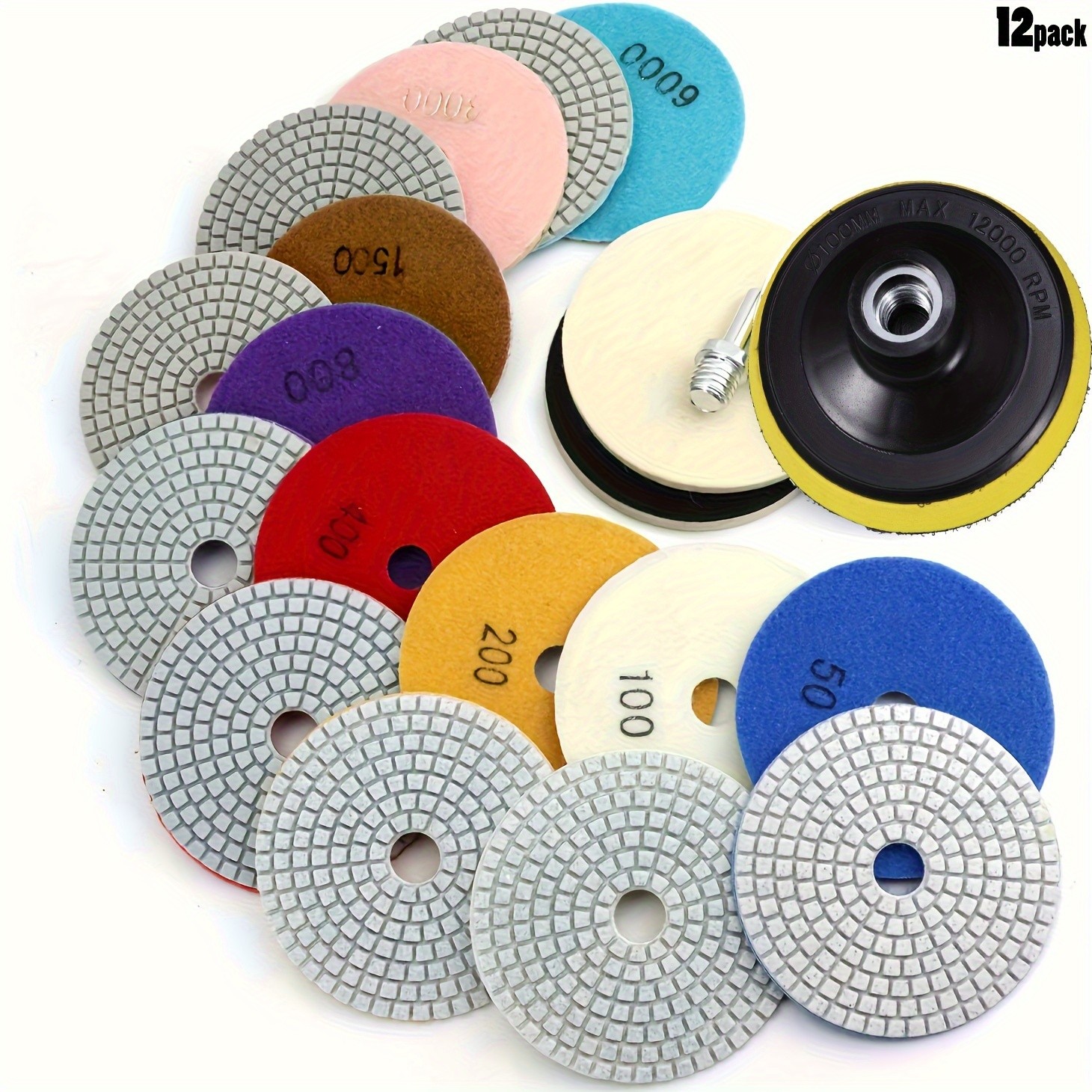 12pcs 4in Diamond Polishing Disc Set  Wet/Dry Grinding and Polishing Pads with 50-6000 Grit for Granite, Concrete, Marble, Stone Countertops, and Quartz Stone
