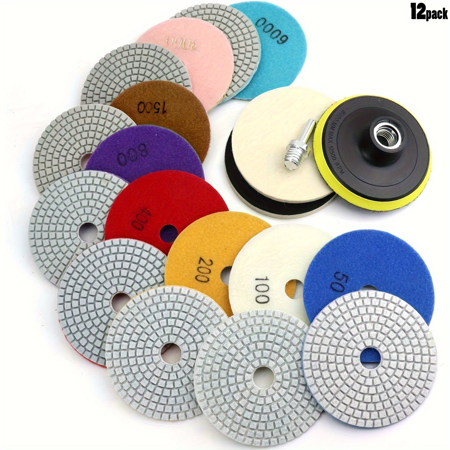 12pcs 4in Diamond Polishing Disc Set  Wet/Dry Grinding and Polishing Pads with 50-6000 Grit for Granite, Concrete, Marble, Stone Countertops, and Quartz Stone