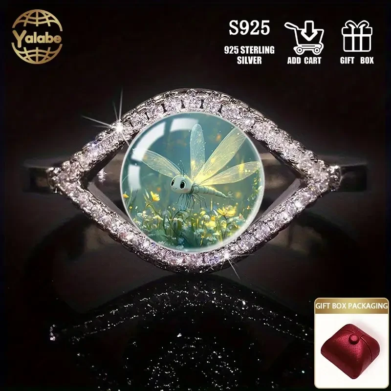 Yalabe Elegant 925 Sterling Silver Ring with Glass Firefly Design, Adjustable Open Band for Men and Women  Perfect for Daily Wear