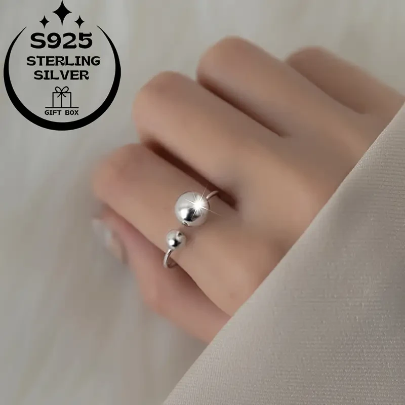 925 Silver Simple Sweet Polished Large Bead Women's Ring, Adjustable Opening  Perfect for Everyday and Party Wear